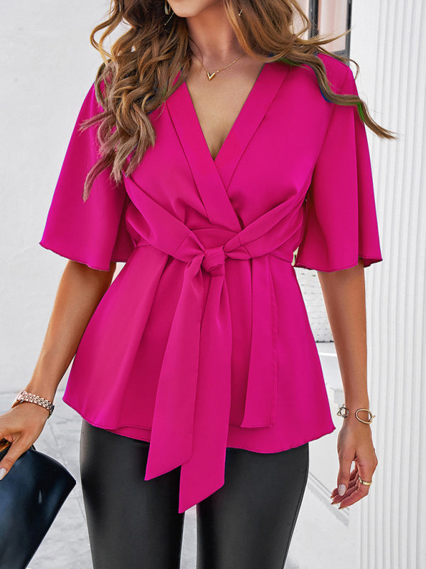 Amelisse Women's Solid Color Elegant Short Sleeve Strappy Tunic Top
