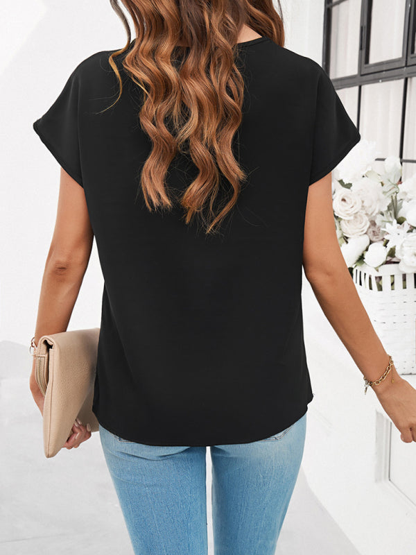 Evonnie Women's Casual Solid Color V-Neck Short-Sleeved Shirt