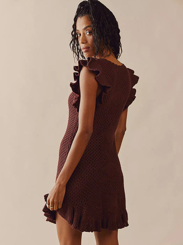 Allison New Woman Fashion Solid Color Slimming Ear-Sleeved Mid-Waist Ruffle Women's Dress