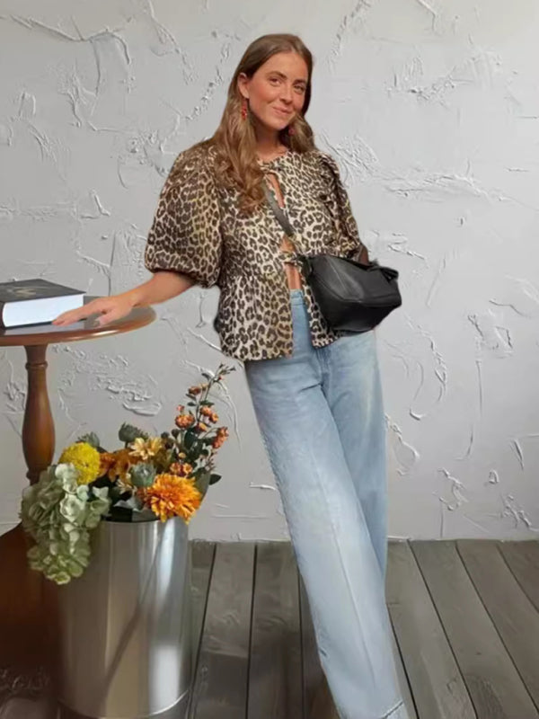 Evelina Fashionable Casual Leopard Print Hollow Lace Up Puff Sleeve Shirt Women's Top
