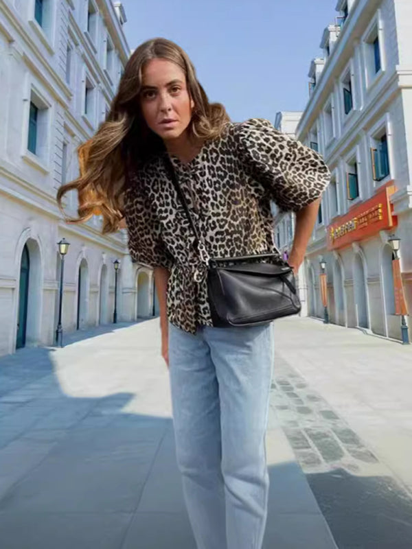 Evelina Fashionable Casual Leopard Print Hollow Lace Up Puff Sleeve Shirt Women's Top