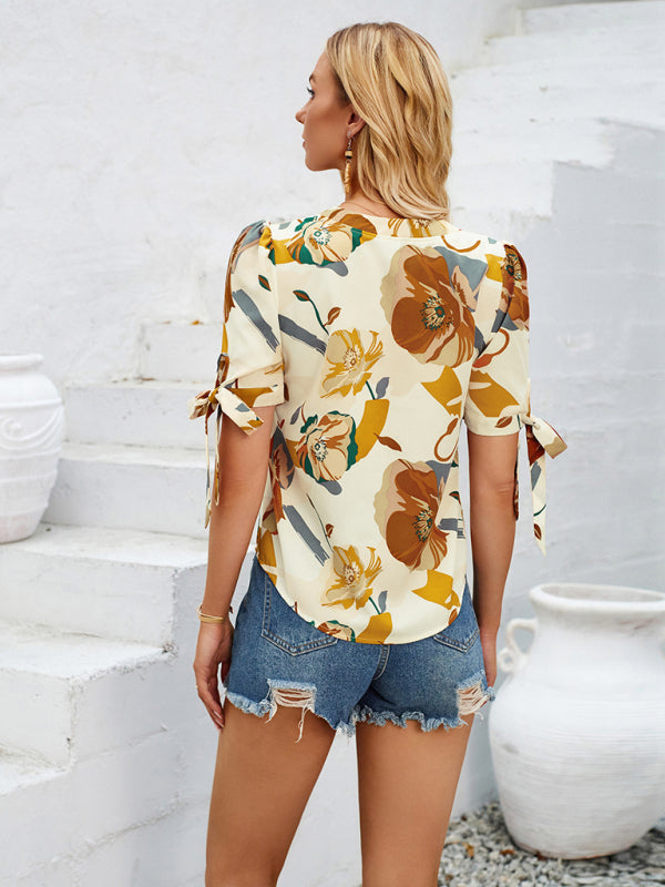 Estrella New Fashionable Printed Casual V-Neck Knotted Top