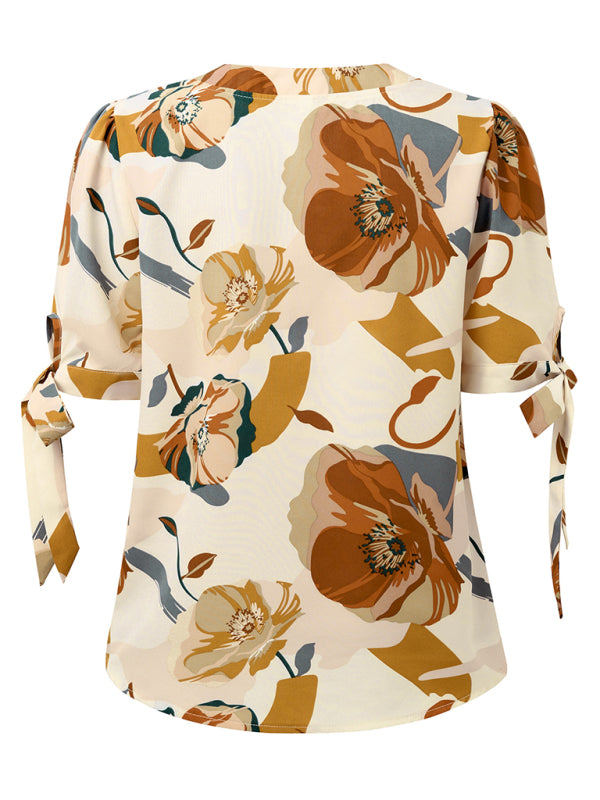 Estrella New Fashionable Printed Casual V-Neck Knotted Top