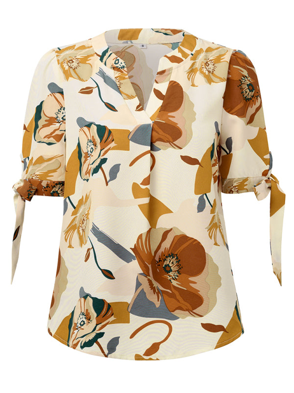 Estrella New Fashionable Printed Casual V-Neck Knotted Top