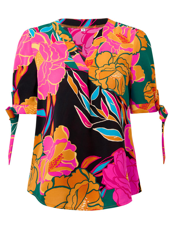 Estrella New Fashionable Printed Casual V-Neck Knotted Top