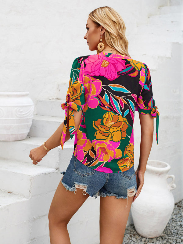 Estrella New Fashionable Printed Casual V-Neck Knotted Top