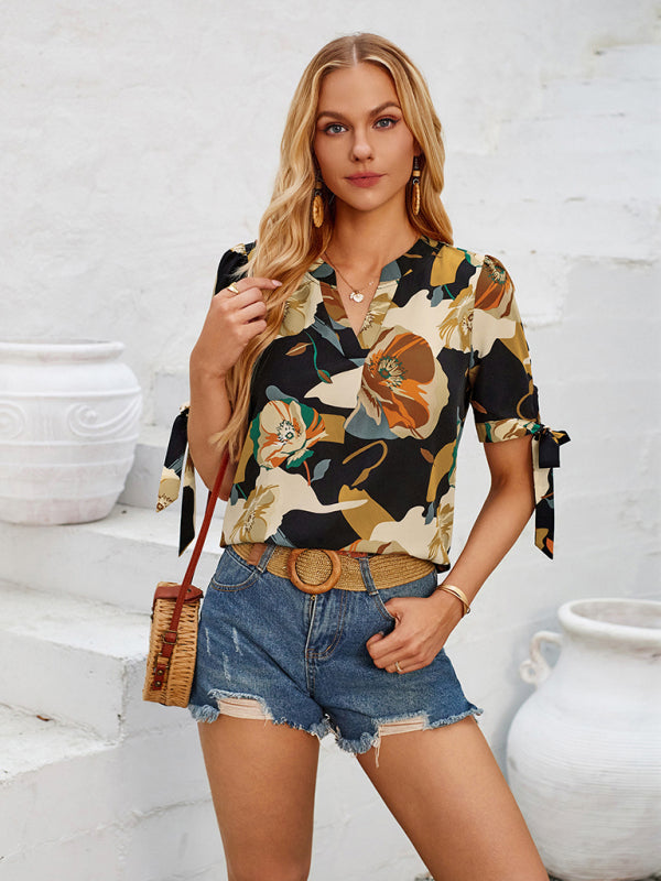 Estrella New Fashionable Printed Casual V-Neck Knotted Top