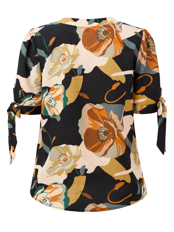 Estrella New Fashionable Printed Casual V-Neck Knotted Top