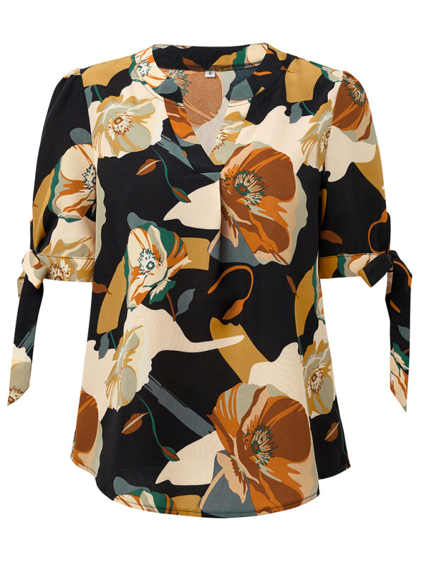 Estrella New Fashionable Printed Casual V-Neck Knotted Top