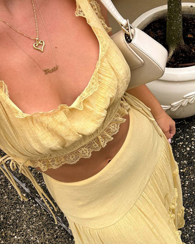 Briana New solid Color Fashion Suit Lace Up Top Long Skirt Suit