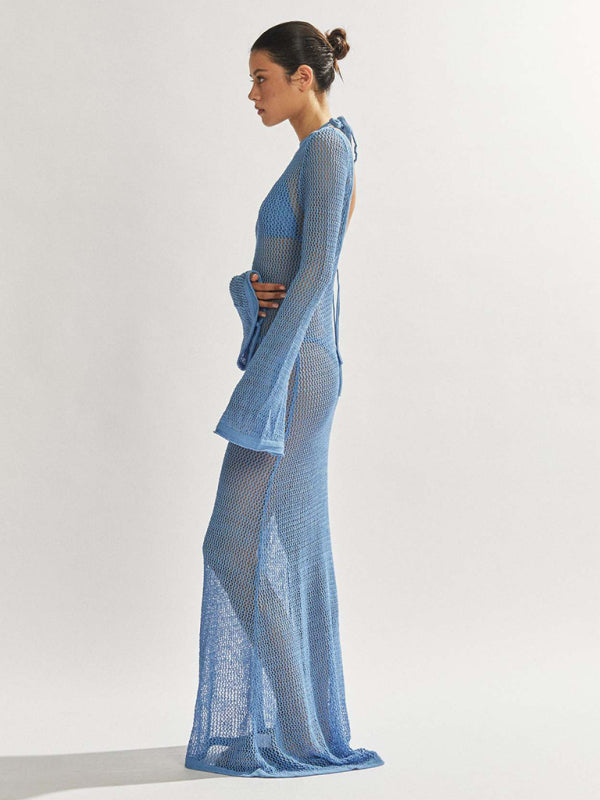 Vivian New Style Knitted Long-Sleeved Backless Sexy See-Through Floor-Length Maxi Dress
