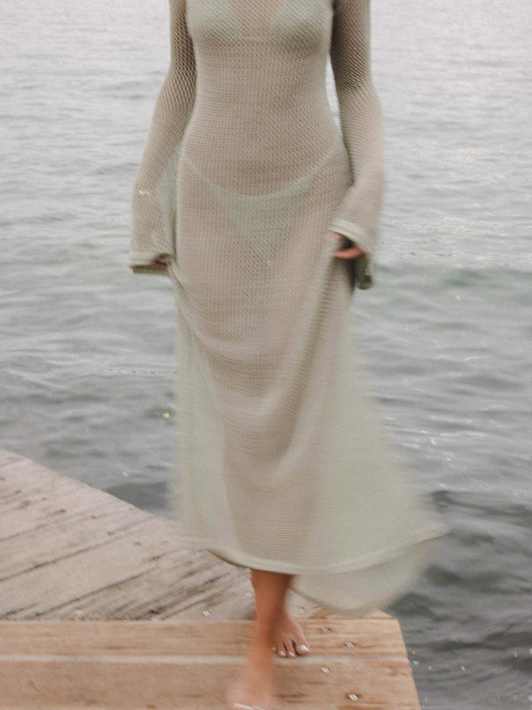 Vivian New Style Knitted Long-Sleeved Backless Sexy See-Through Floor-Length Maxi Dress