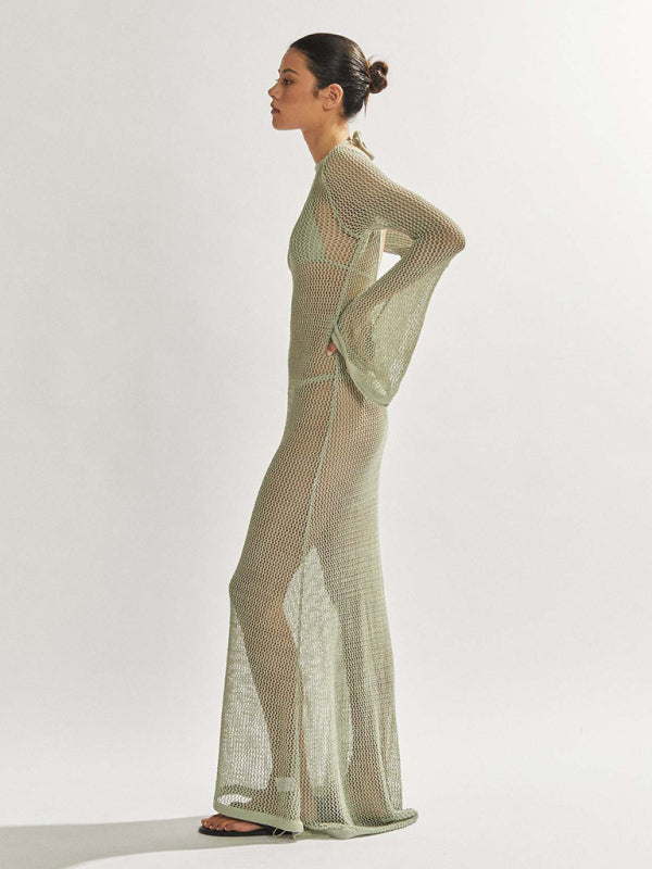 Vivian New Style Knitted Long-Sleeved Backless Sexy See-Through Floor-Length Maxi Dress