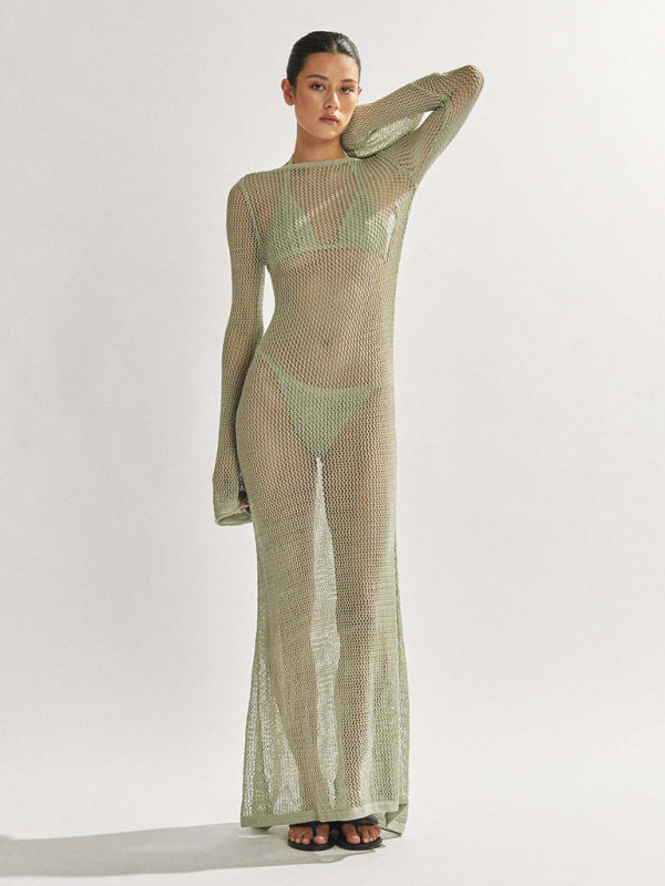 Vivian New Style Knitted Long-Sleeved Backless Sexy See-Through Floor-Length Maxi Dress