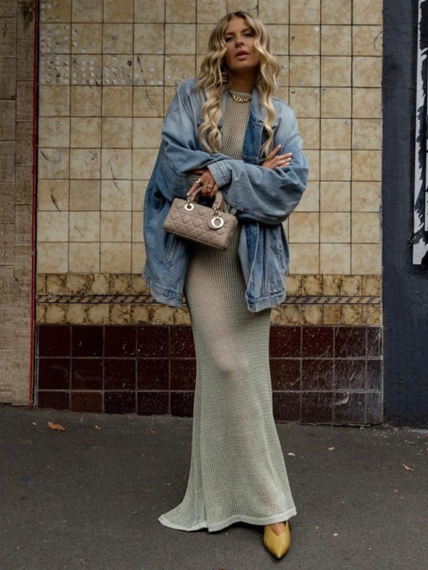 Vivian New Style Knitted Long-Sleeved Backless Sexy See-Through Floor-Length Maxi Dress