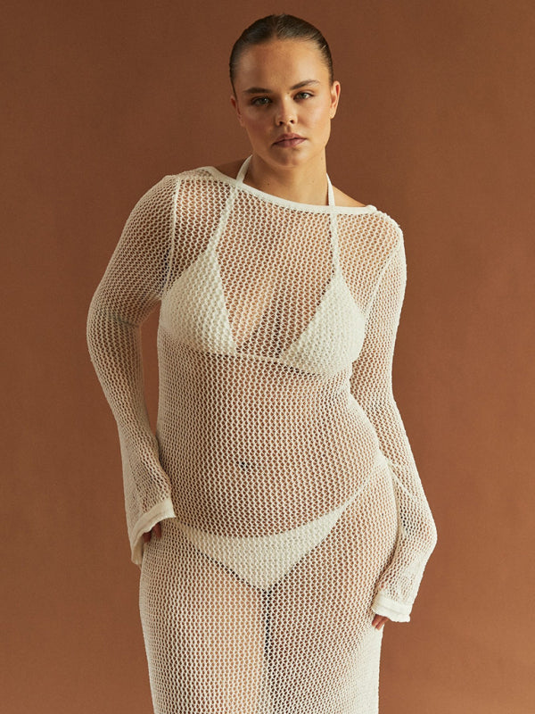 Vivian New Style Knitted Long-Sleeved Backless Sexy See-Through Floor-Length Maxi Dress
