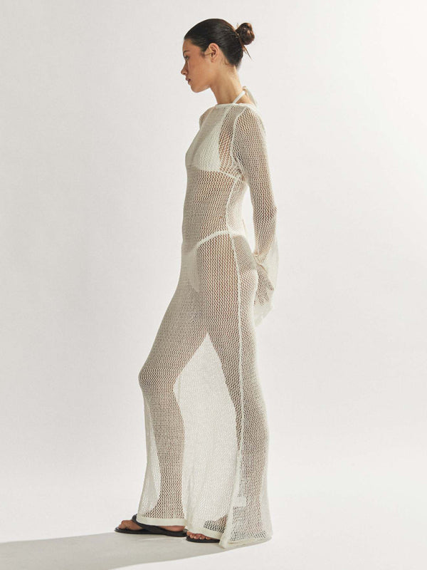 Vivian New Style Knitted Long-Sleeved Backless Sexy See-Through Floor-Length Maxi Dress
