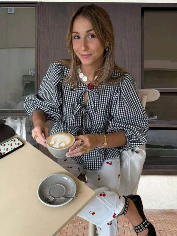Charmaine New Sweet Casual Strappy Round Neck Puff Sleeve Versatile Shirt