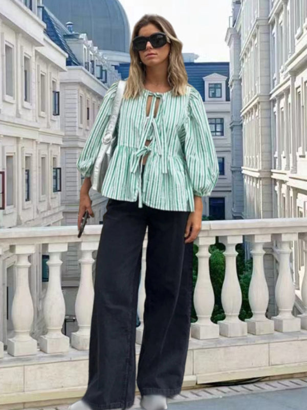 Charmaine New Sweet Casual Strappy Round Neck Puff Sleeve Versatile Shirt