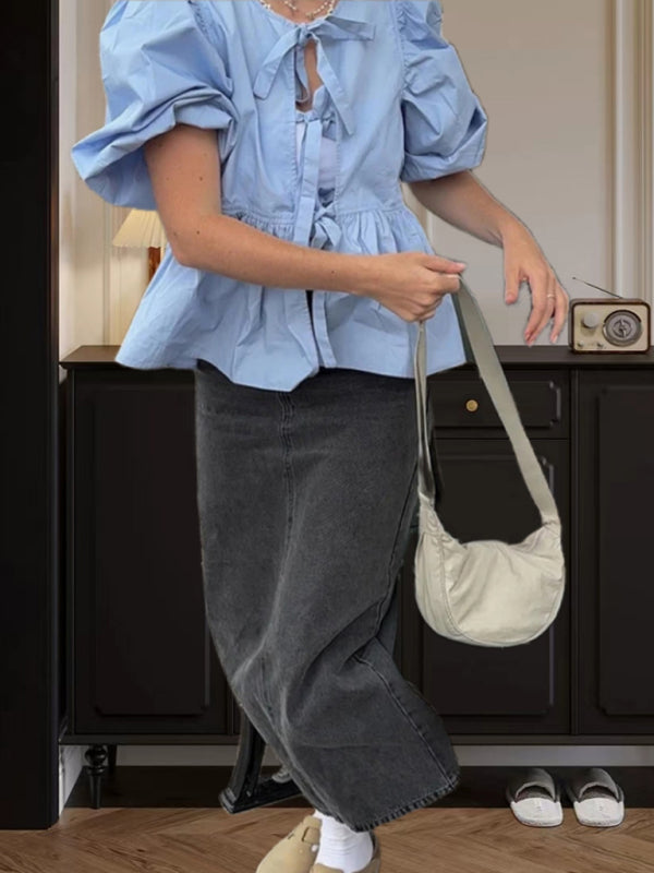 Charmaine New Sweet Casual Strappy Round Neck Puff Sleeve Versatile Shirt