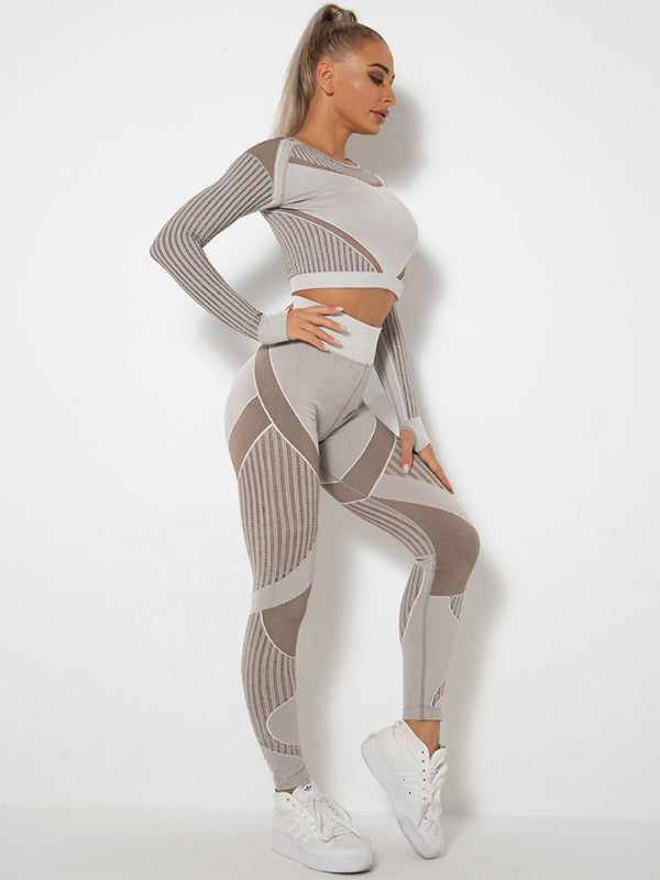 Royal Seamless Tight Striped Long-Sleeved Pants Quick-Drying Yoga Wear Sportswear Set