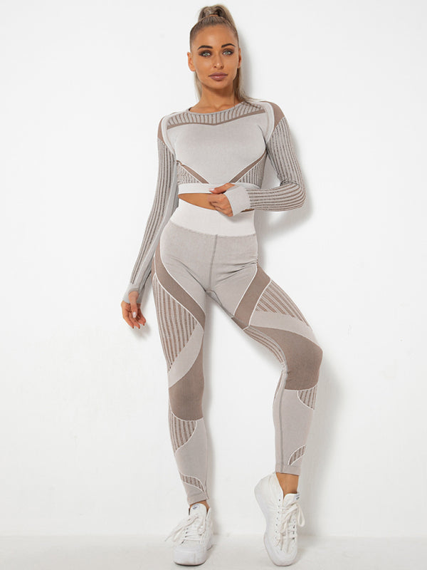 Royal Seamless Tight Striped Long-Sleeved Pants Quick-Drying Yoga Wear Sportswear Set
