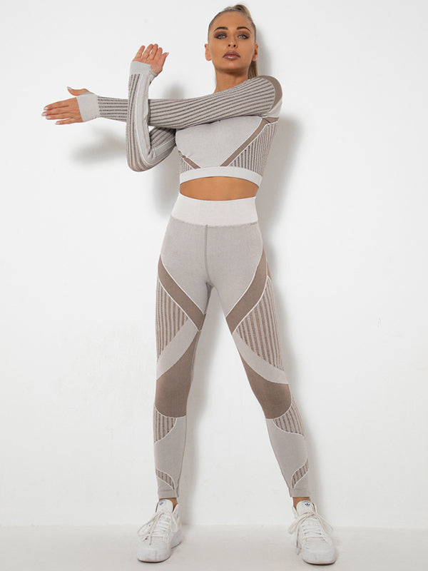 Royal Seamless Tight Striped Long-Sleeved Pants Quick-Drying Yoga Wear Sportswear Set