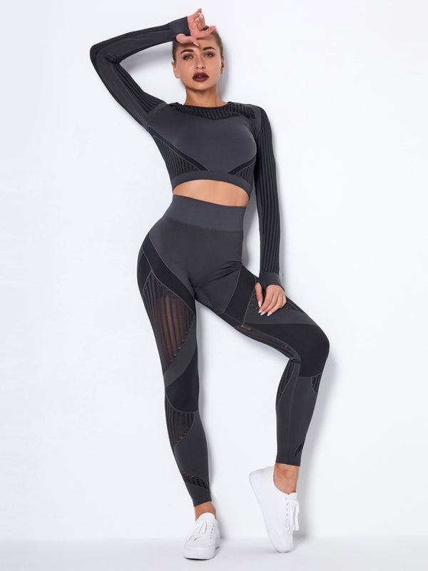 Royal Seamless Tight Striped Long-Sleeved Pants Quick-Drying Yoga Wear Sportswear Set