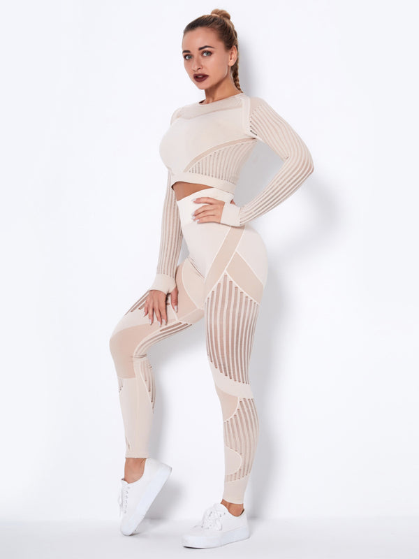 Royal Seamless Tight Striped Long-Sleeved Pants Quick-Drying Yoga Wear Sportswear Set