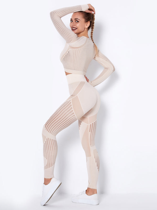 Royal Seamless Tight Striped Long-Sleeved Pants Quick-Drying Yoga Wear Sportswear Set