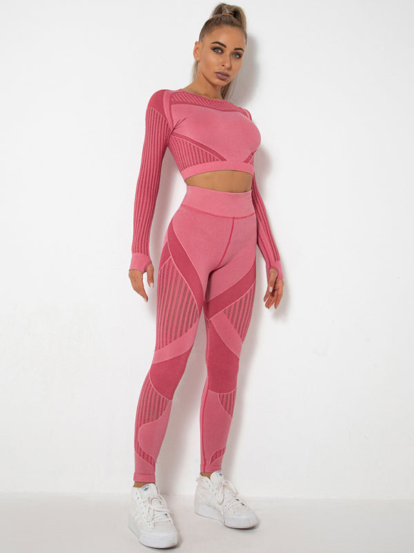 Royal Seamless Tight Striped Long-Sleeved Pants Quick-Drying Yoga Wear Sportswear Set
