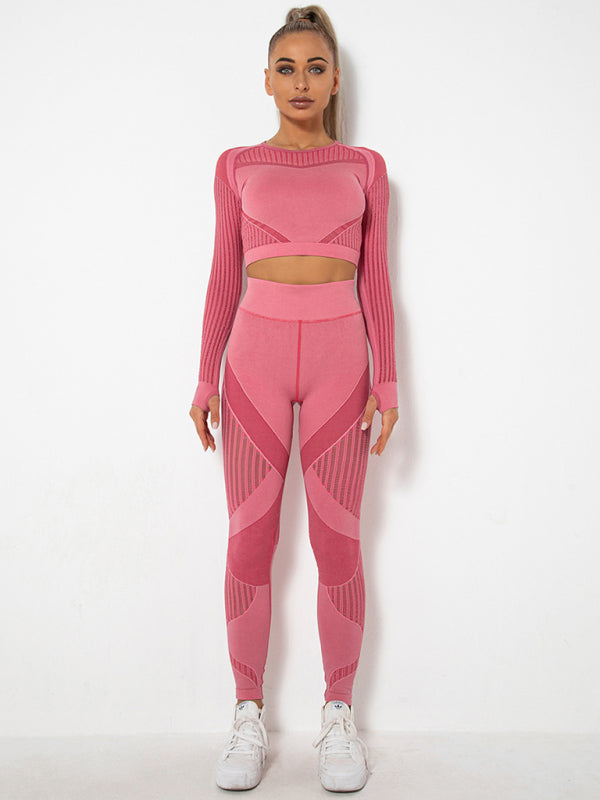 Royal Seamless Tight Striped Long-Sleeved Pants Quick-Drying Yoga Wear Sportswear Set