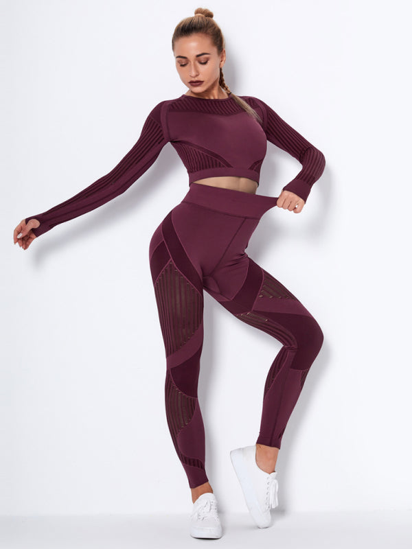 Royal Seamless Tight Striped Long-Sleeved Pants Quick-Drying Yoga Wear Sportswear Set
