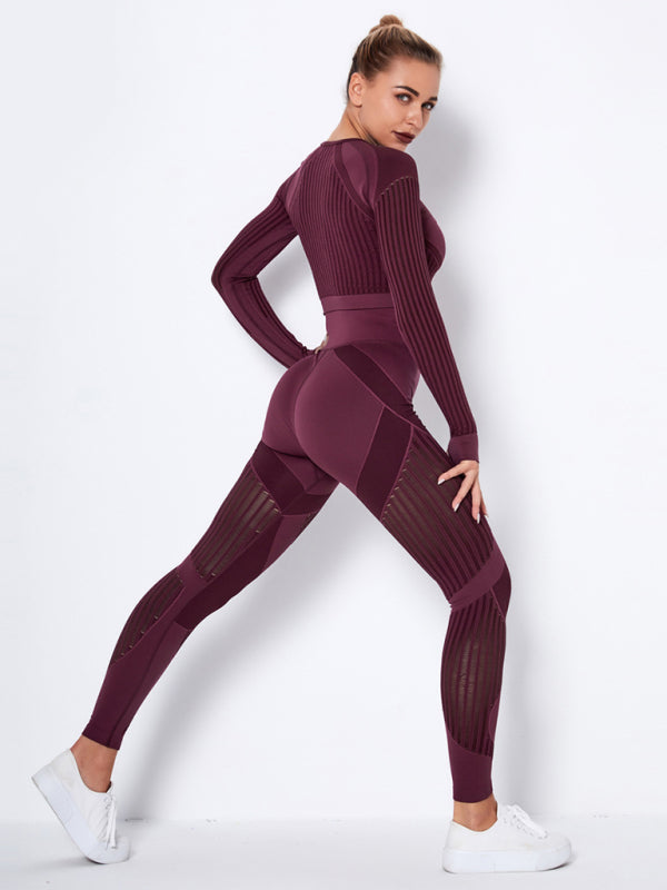 Royal Seamless Tight Striped Long-Sleeved Pants Quick-Drying Yoga Wear Sportswear Set