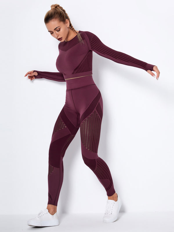 Royal Seamless Tight Striped Long-Sleeved Pants Quick-Drying Yoga Wear Sportswear Set