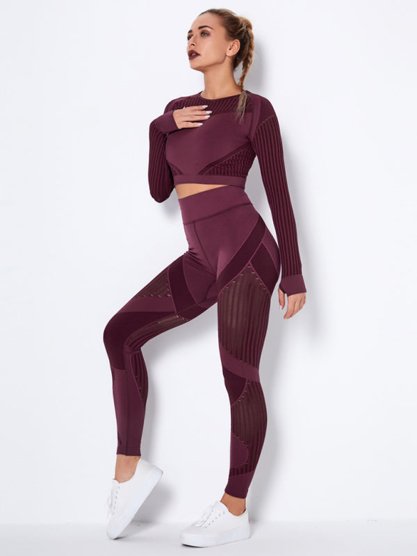 Royal Seamless Tight Striped Long-Sleeved Pants Quick-Drying Yoga Wear Sportswear Set