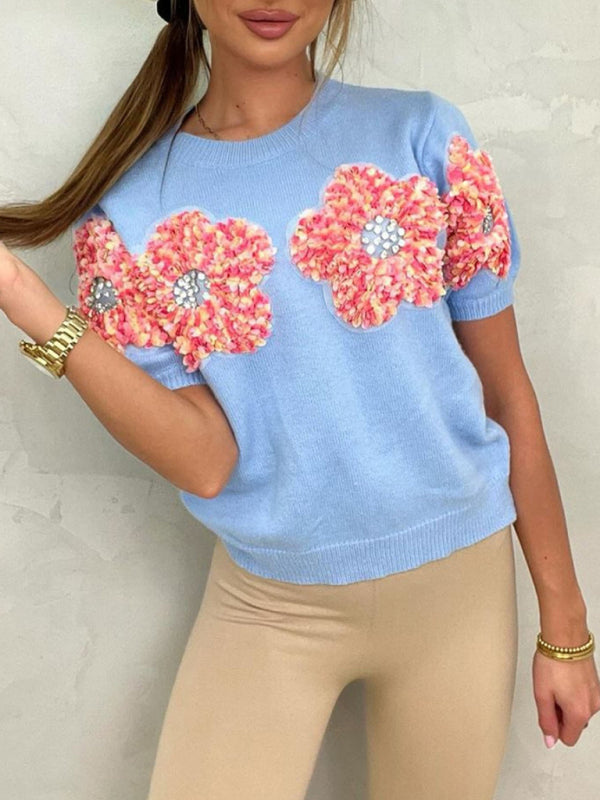 Haisley New Contrasting Flower Sweet Pink Round Neck Short-Sleeved Sweater