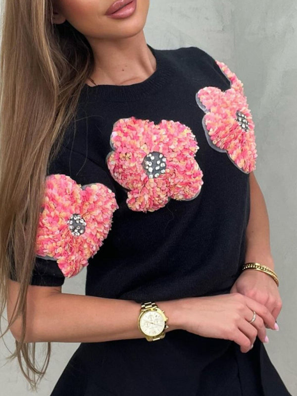 Haisley New Contrasting Flower Sweet Pink Round Neck Short-Sleeved Sweater