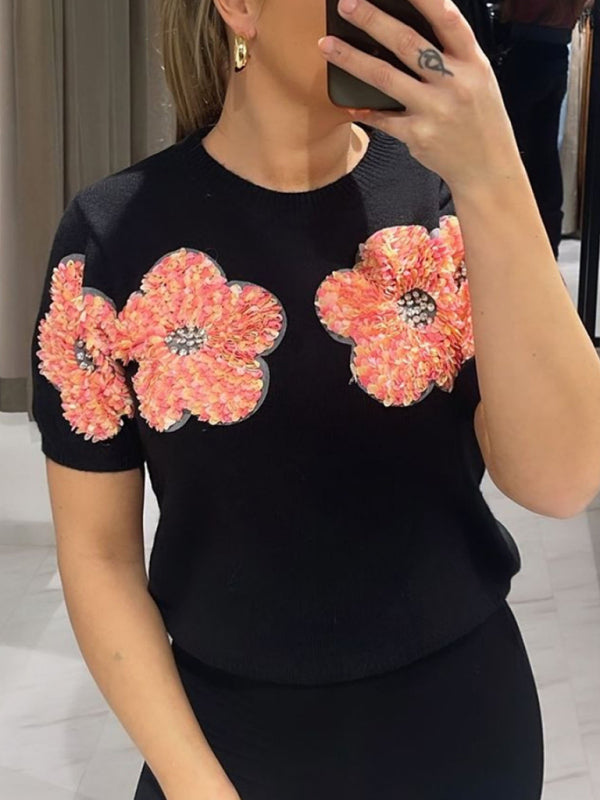 Haisley New Contrasting Flower Sweet Pink Round Neck Short-Sleeved Sweater