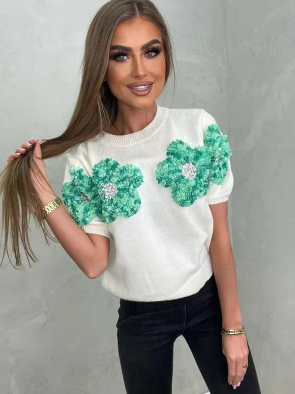 Haisley New Contrasting Flower Sweet Pink Round Neck Short-Sleeved Sweater