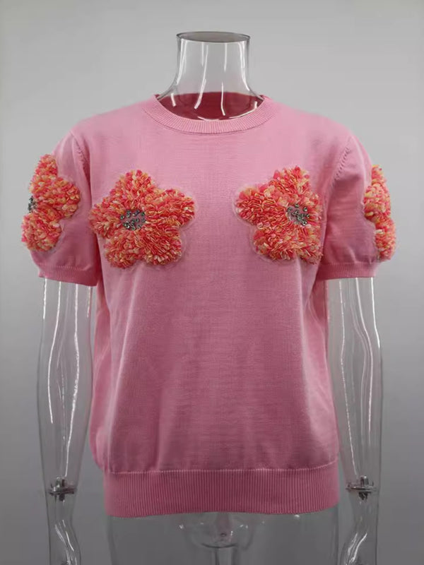 Haisley New Contrasting Flower Sweet Pink Round Neck Short-Sleeved Sweater