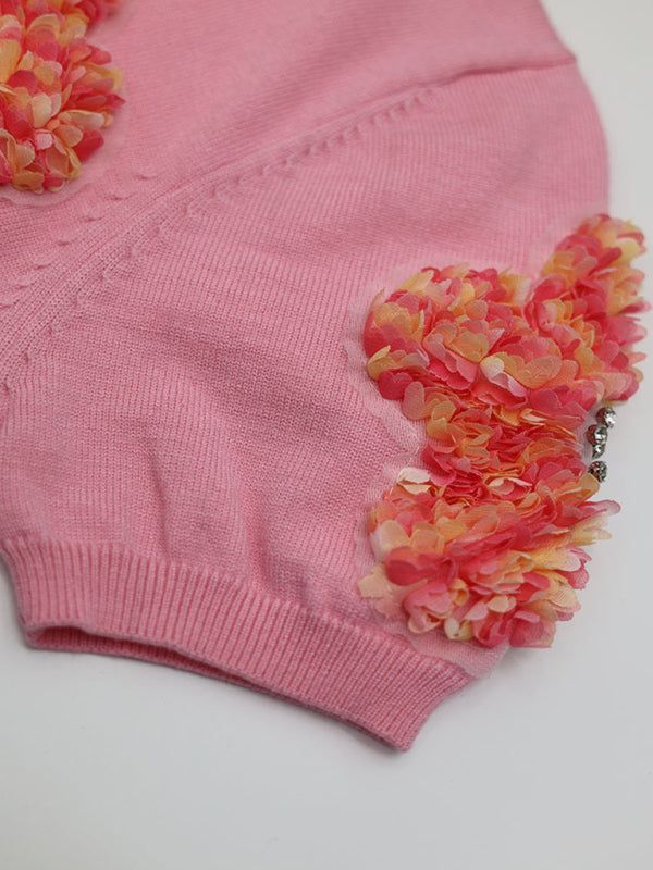 Haisley New Contrasting Flower Sweet Pink Round Neck Short-Sleeved Sweater