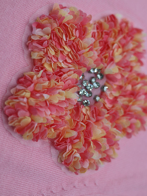 Haisley New Contrasting Flower Sweet Pink Round Neck Short-Sleeved Sweater