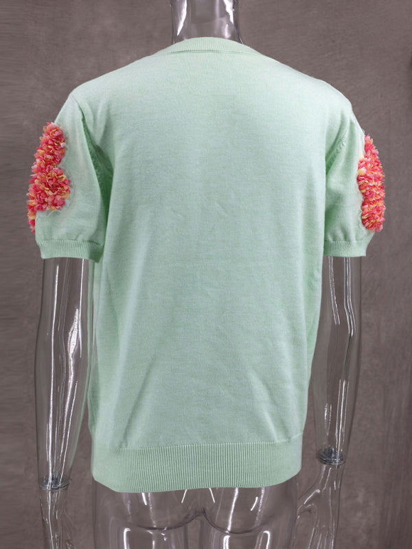 Haisley New Contrasting Flower Sweet Pink Round Neck Short-Sleeved Sweater