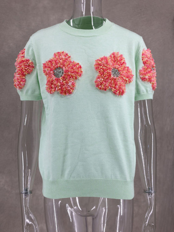 Haisley New Contrasting Flower Sweet Pink Round Neck Short-Sleeved Sweater