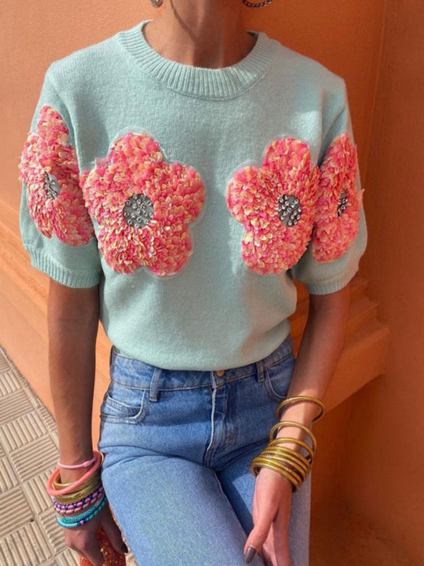 Haisley New Contrasting Flower Sweet Pink Round Neck Short-Sleeved Sweater