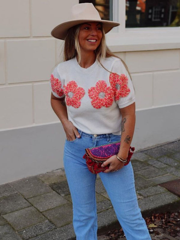Haisley New Contrasting Flower Sweet Pink Round Neck Short-Sleeved Sweater