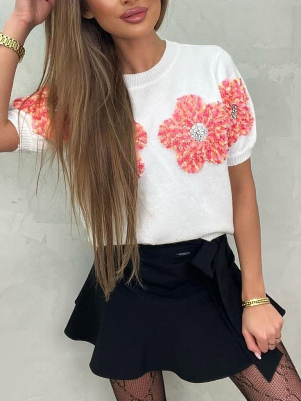 Haisley New Contrasting Flower Sweet Pink Round Neck Short-Sleeved Sweater