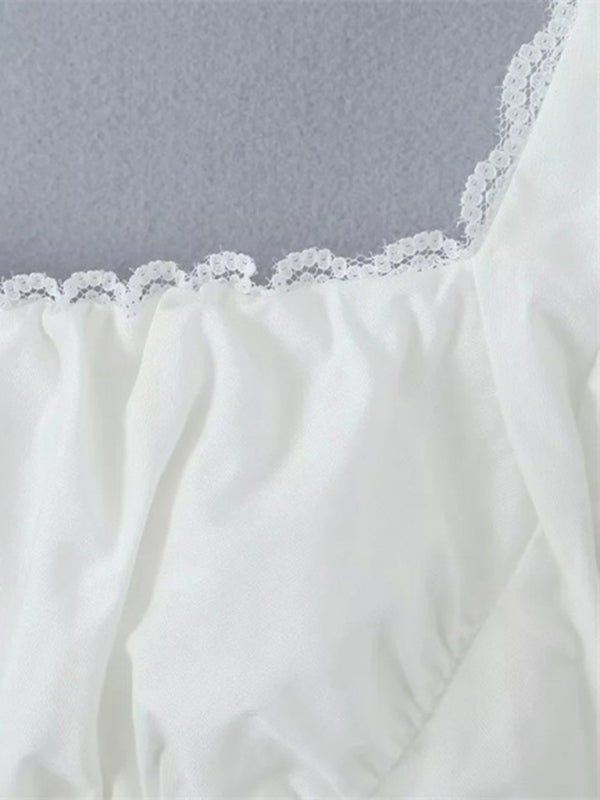 Jubilee French Retro Square Neck Lace Puff Sleeves Super Short Navel-Baring Hot Girl Shirt