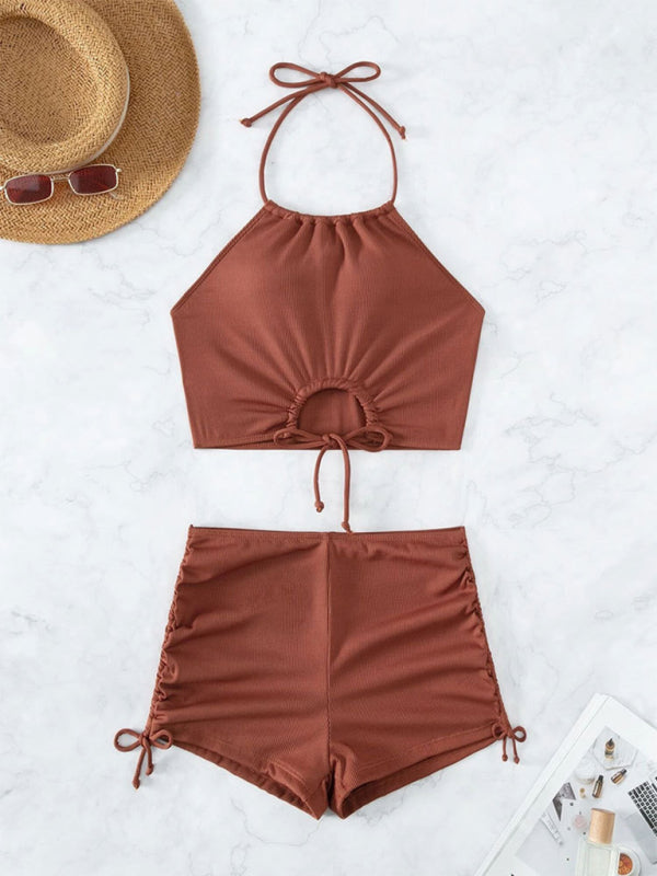 Quinn New Solid Color Halter Neck Bikini Split Boxer Briefs Bikini Swimsuit